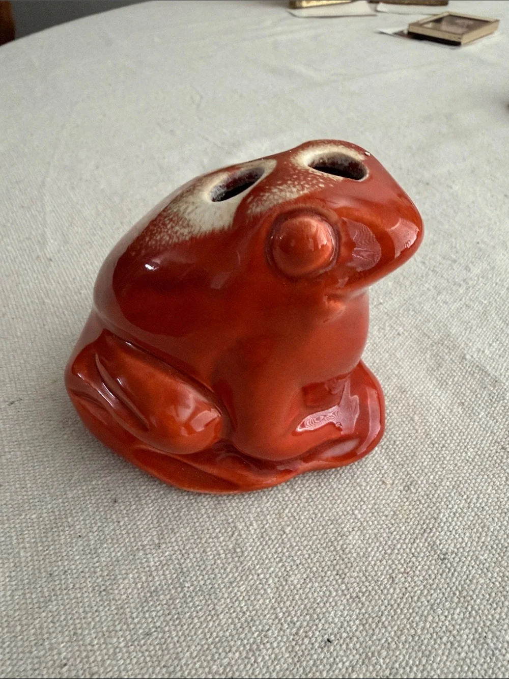 Vintage MCM Orange Ceramic Frog Figurine Toothbrush Caddy